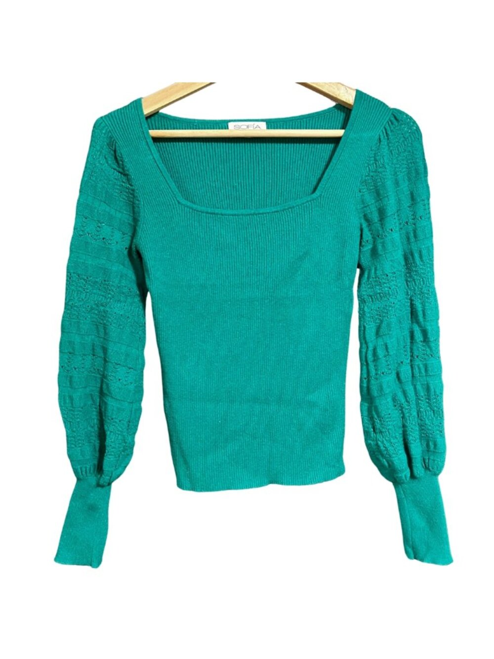 Balloon Sleeve Square-Neck Teal Green Fitted Stretch Sweater – Sofia Vergara, M